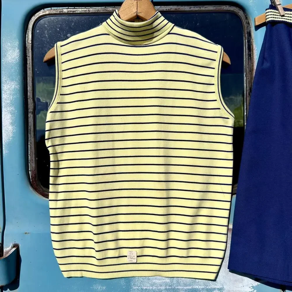 60s yellow & navy stripe 3 piece set mock neck tank midi skirt reversible belt